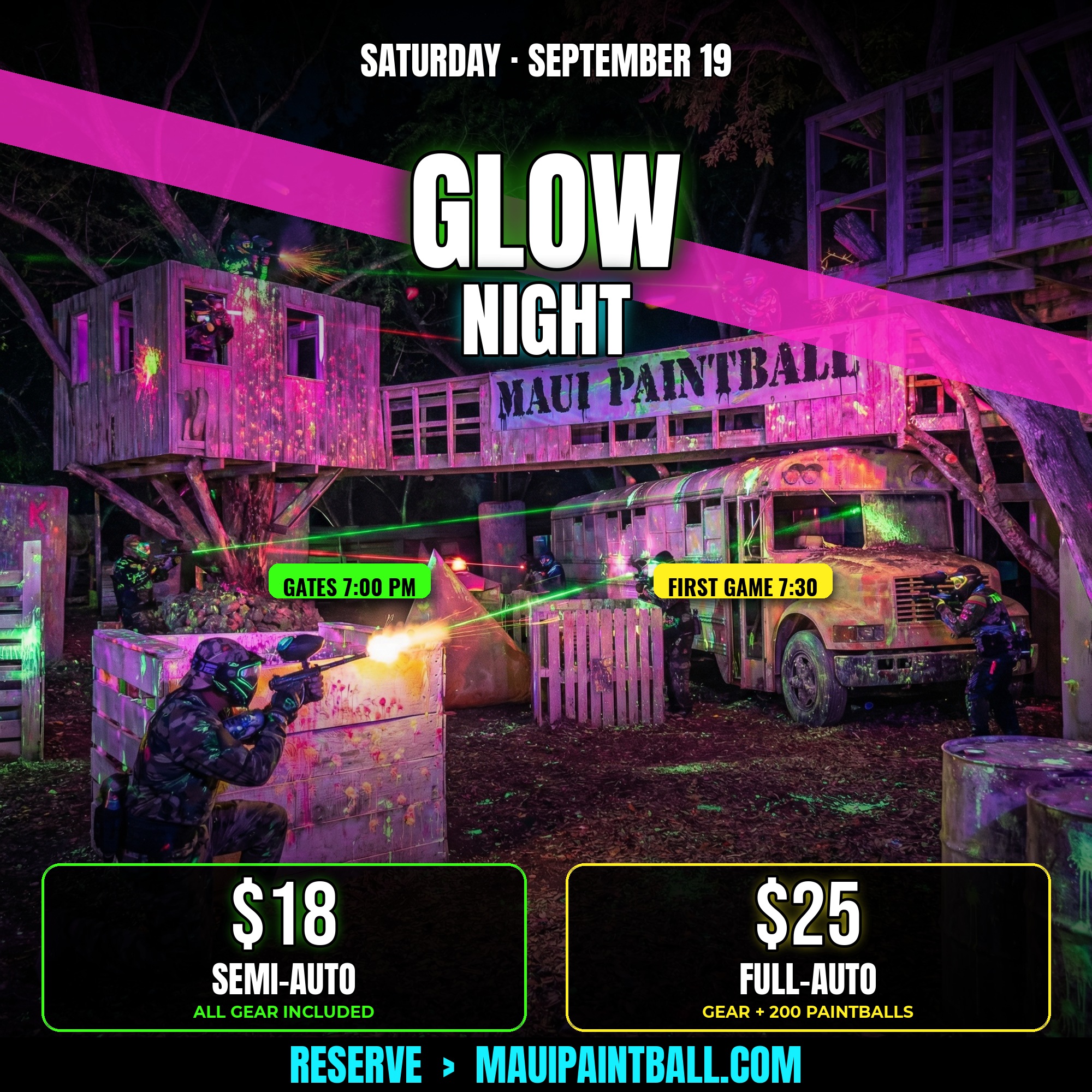 September 19 Glow Night poster with neon-lit paintball players and the Maui Paintball bus