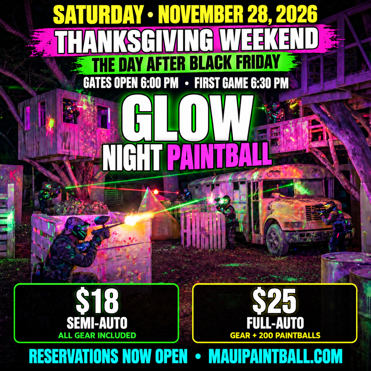November 28 Glow Night poster with neon-lit paintball players and the Maui Paintball bus